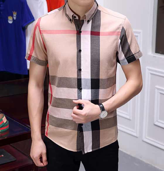 Burberry专卖店同款高等时尚休闲丝光棉短袖衬衫