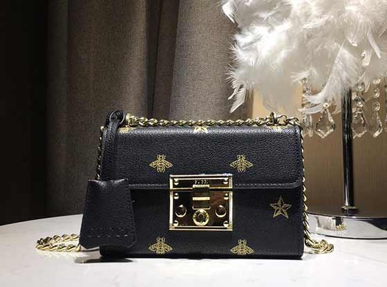 古奇Padlock Bee 蜜蜂烫金印花锁扣链条包