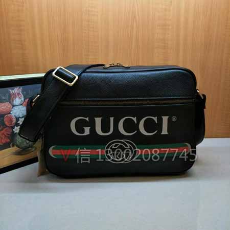 gucci新款男士全牛皮复古印花挎包523589