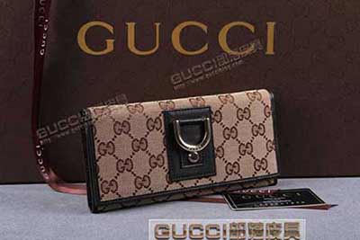 gucci 141413 杏布啡皮 古奇帆布配皮钱包