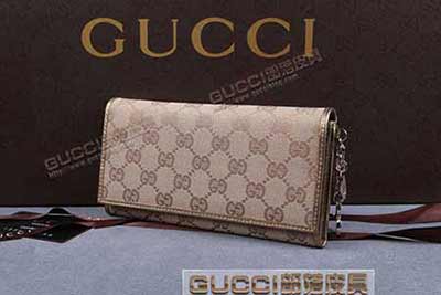 gucci 154185 浅杏布古铜皮 古奇帆布配皮钱包