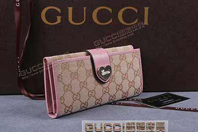 gucci 203552 浅杏布粉红皮 女士帆布钱包