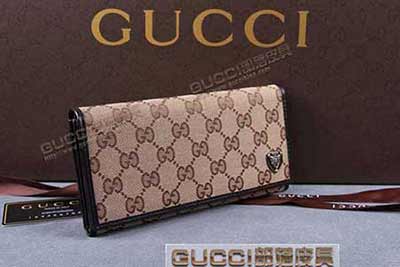 gucci 203618 杏布啡皮 古奇帆布配皮钱包