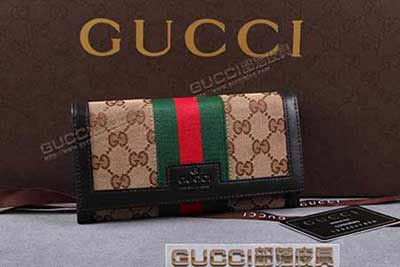 gucci 225834 杏布啡皮 古奇帆布配皮钱包