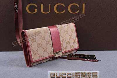 gucci 233028 浅杏布枣红皮 古奇帆布配皮钱包