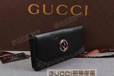 gucci 245739 方格黑布黑皮 古奇帆布配皮钱包