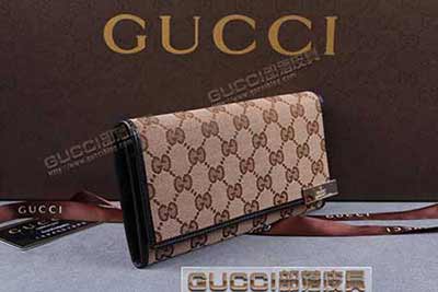 gucci 257015 杏布啡皮 古奇帆布配皮钱包