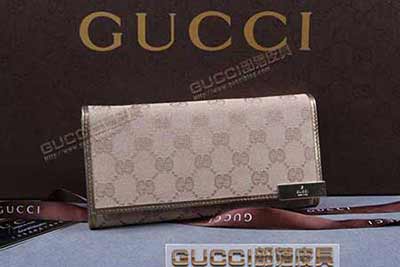 gucci 257015 浅杏布古铜皮 古奇帆布配皮钱包