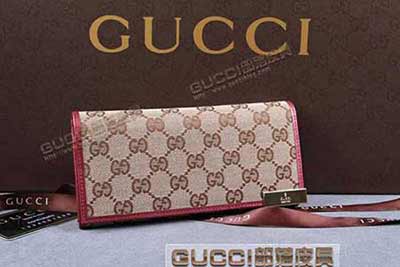 gucci 257015 杏布玫红皮 古奇帆布配皮钱包