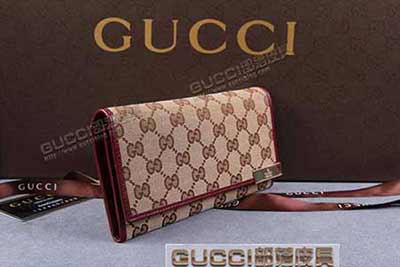 gucci 257015 杏布枣红皮 古奇帆布配皮钱包