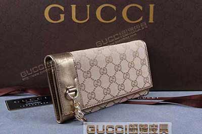 gucci 270028 浅杏布古铜皮 古奇帆布配皮钱包