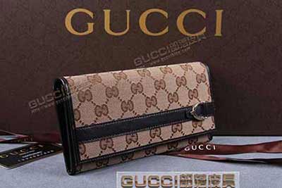 gucci 295616 杏布啡皮 古奇帆布配皮钱包