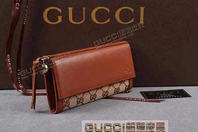 gucci 323396 杏布棕皮 古奇帆布配皮钱包