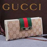 gucci 181668-1 浅杏布米白皮 古奇帆布配皮钱包