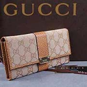 gucci 233028 浅杏布浅棕皮 古奇帆布配皮钱包