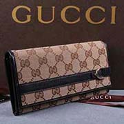 gucci 295616 杏布啡皮 古奇帆布配皮钱包