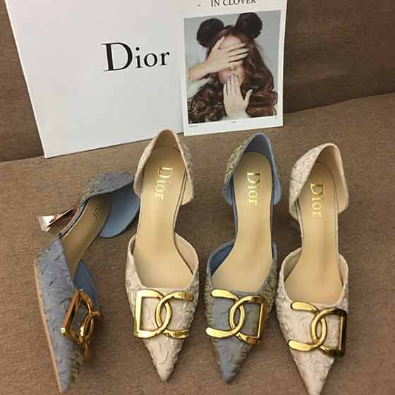 时尚女鞋网Dior新款闪粉褶皱真丝中空高跟鞋