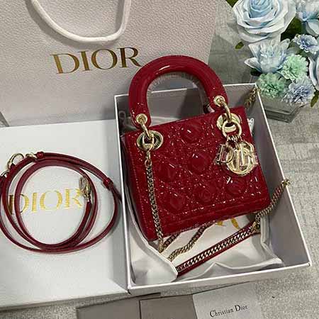 dior官网女包 进口小牛皮17迷你三格漆皮女包 樱桃红