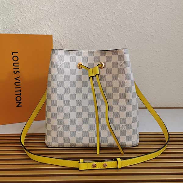 lv白彩桶包 Damier Azur 帆布NéoNoé手袋M40152粉 