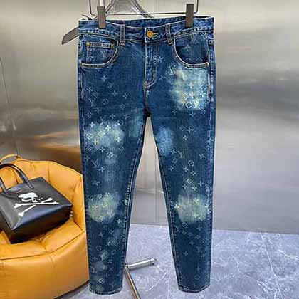 大品牌购物网LV路易威登新品纯棉水墨男士牛仔裤