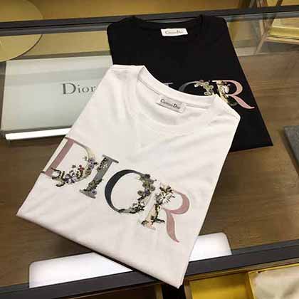 Dio专柜新款花卉渐变刺绣丝光棉短袖T恤