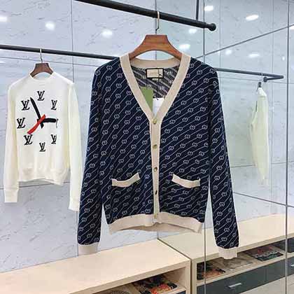 AW早秋品牌羊毛开衫，Gucci古奇经典斜纹gg提花v领开衫