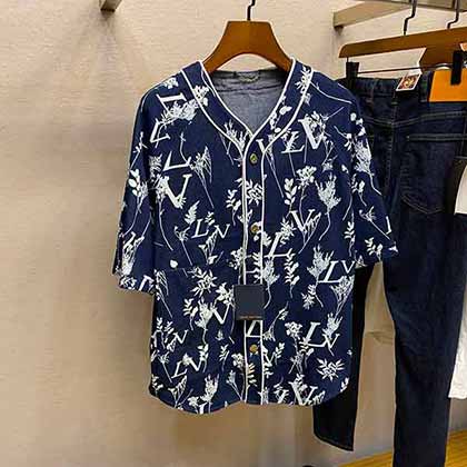 LV驴家夏季男士衬衫，新款麦穗系列牛仔短袖棒球