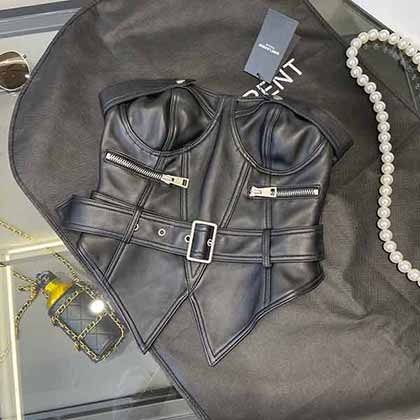 SAINT LAURENT 圣罗兰21新款机车真皮抹胸