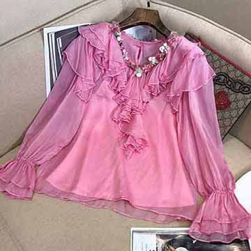 miu21年新款法式复古粉色泡泡袖衬衫